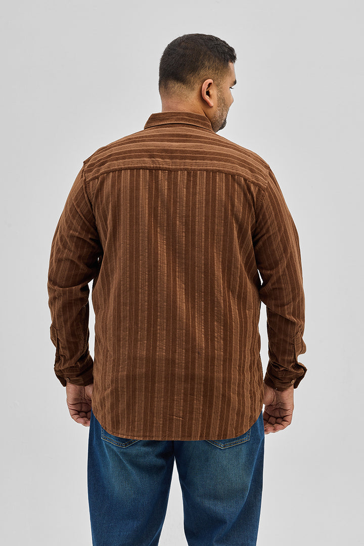 Brown Stripes Corduroy Plus Size Shirt