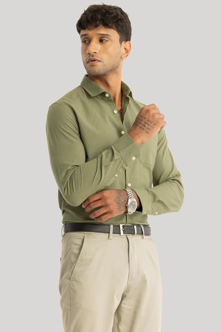 Claudio Olive Plain Linen Shirt