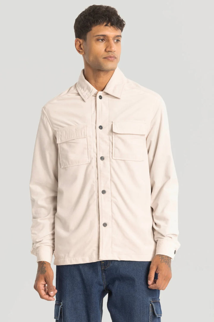 Cream Suede Double Pocket Overshirt