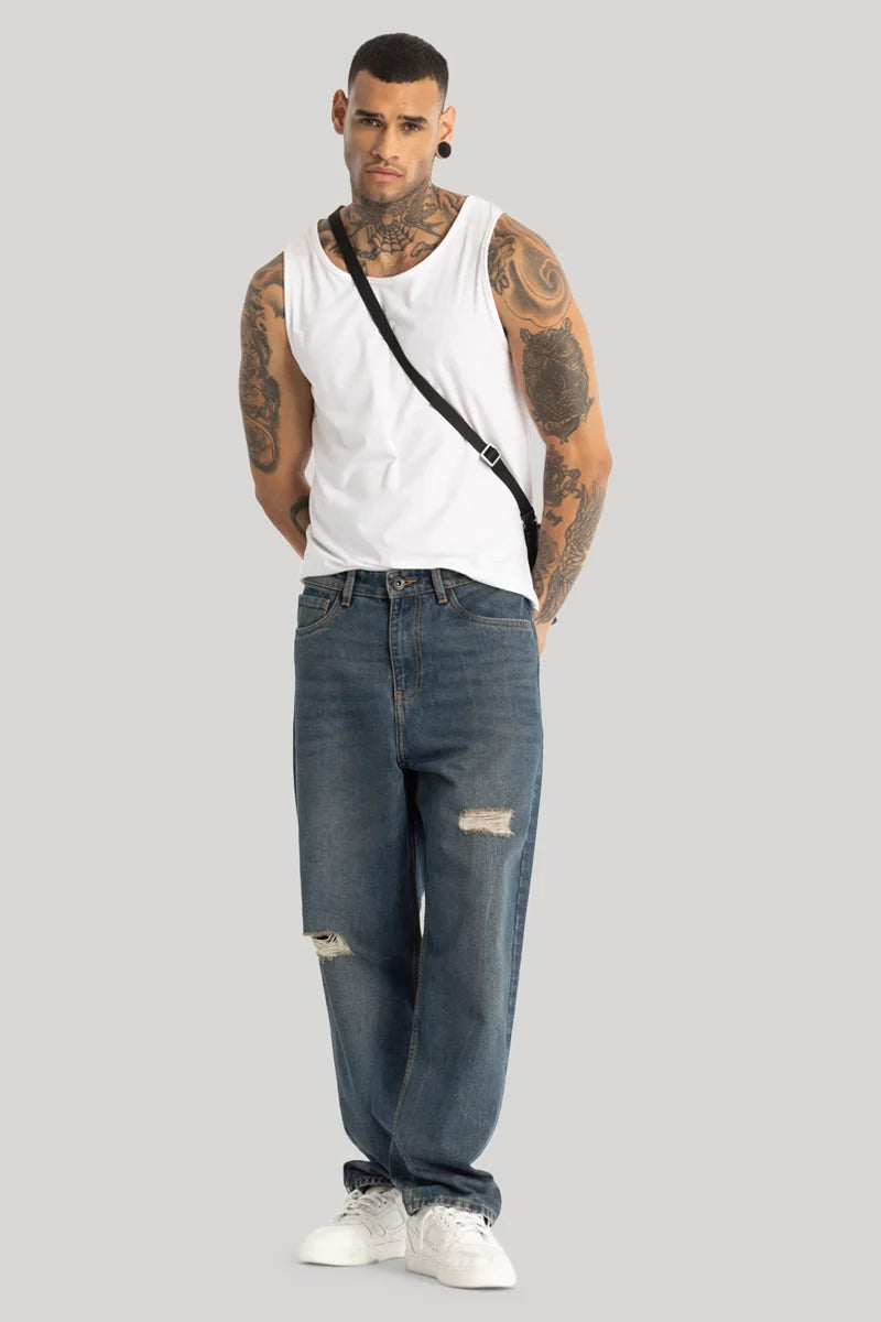 Dark Blue Distressed Loose Fit Jeans