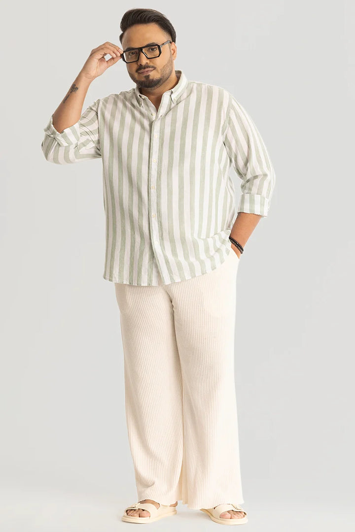 Light Green Stripes Linen Blend Plus Size Shirt