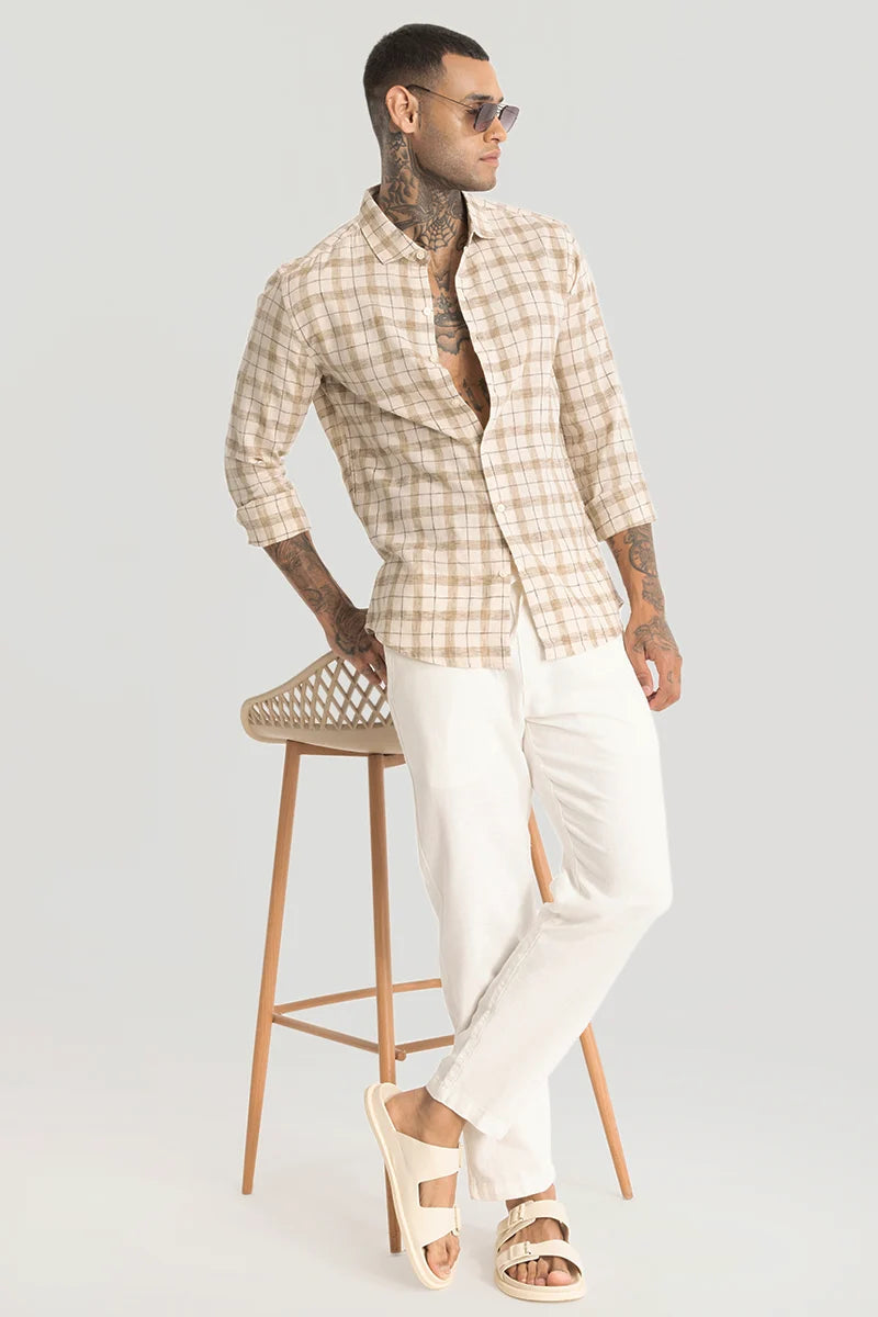 Beige Linen Blend Checks Shirt