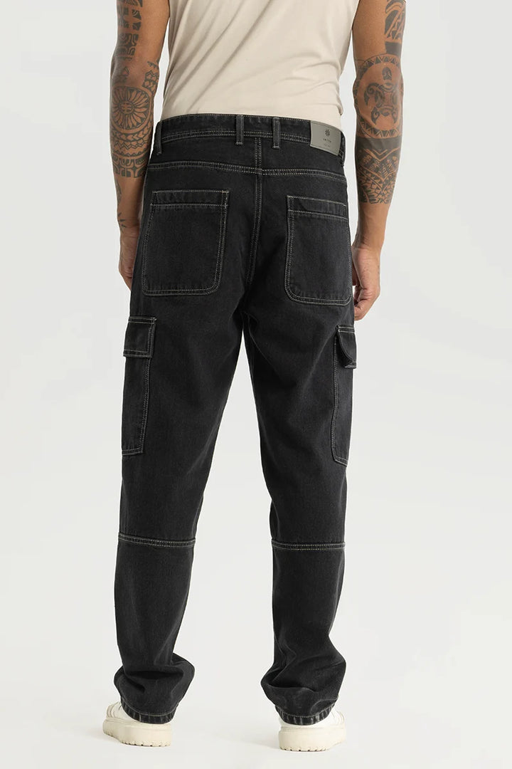 Empyrean Black Plain Straight Fit Cargo Jeans