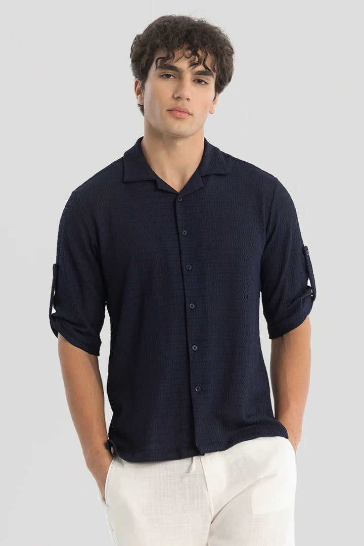 Navy Self-Design Cuban Shirt