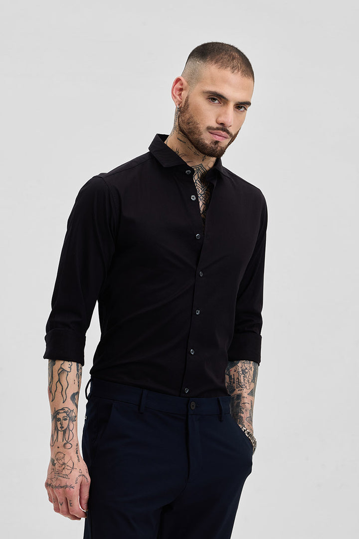 Black Self-Design Slim Fit Shirt