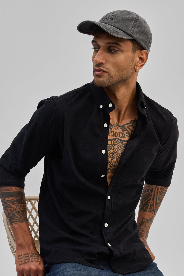 Black Slim Fit Corduroy Shirt