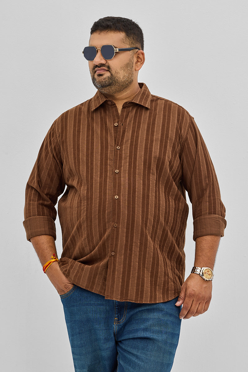 Brown Stripes Corduroy Plus Size Shirt