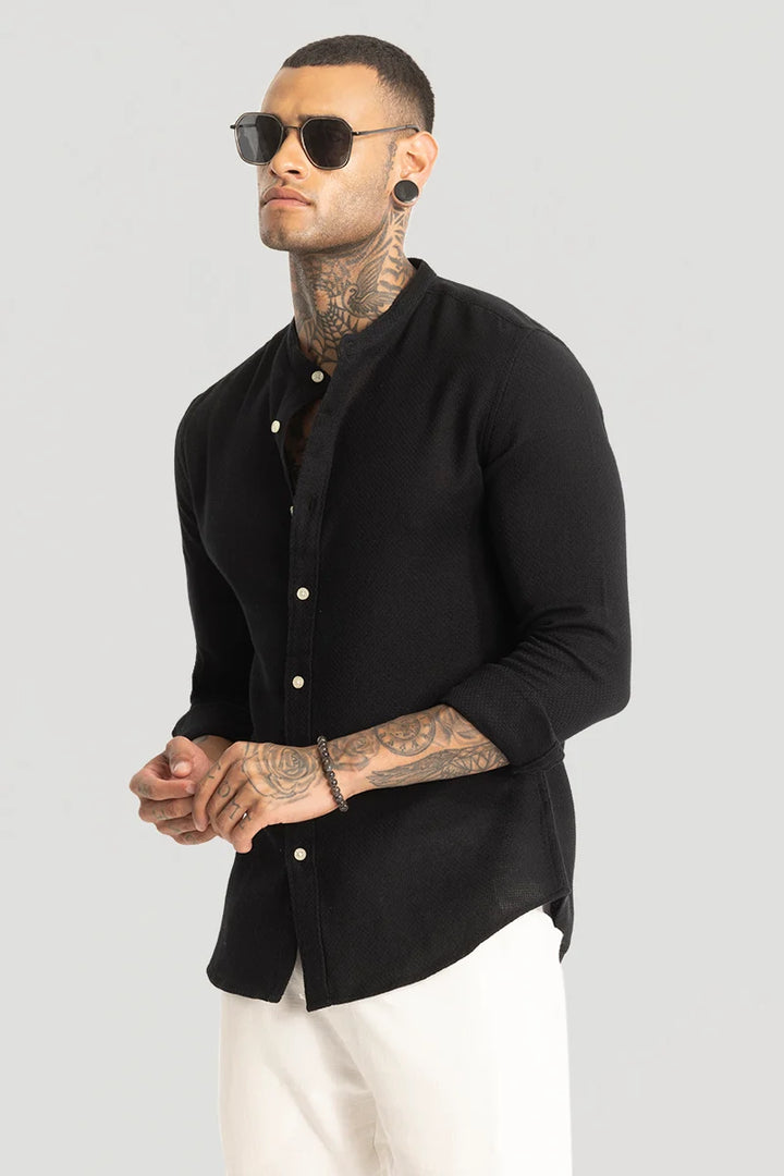 Black Woven Mandarin Shirt