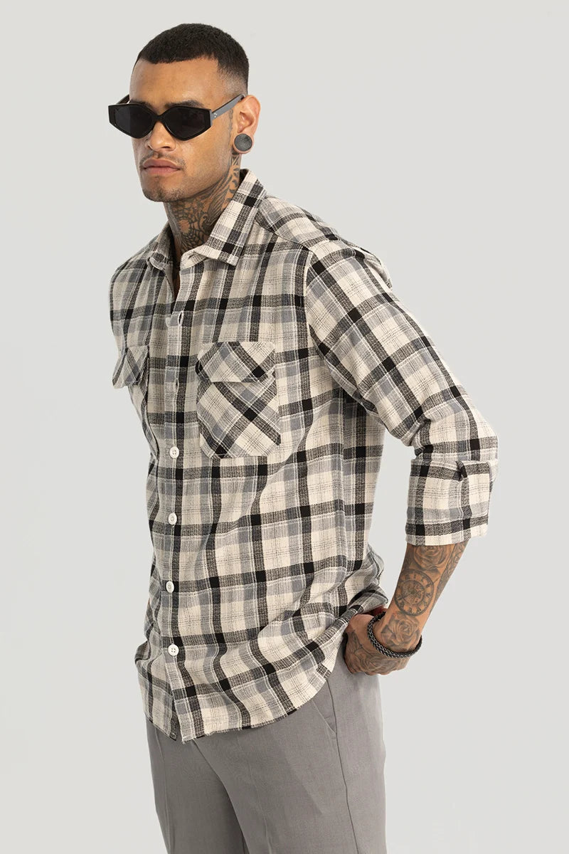 Cream Double Pocket Checks shirt