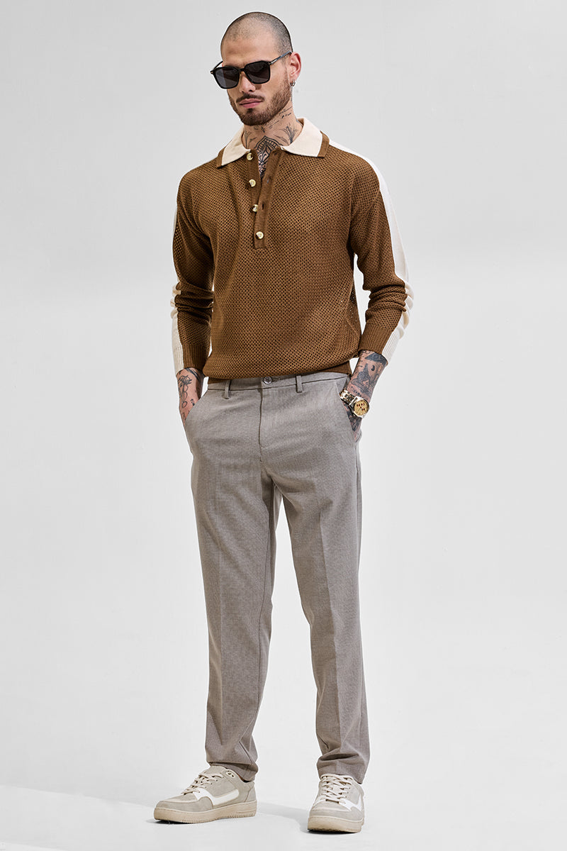 Brown Colourblocked Knitted Polo T-Shirt