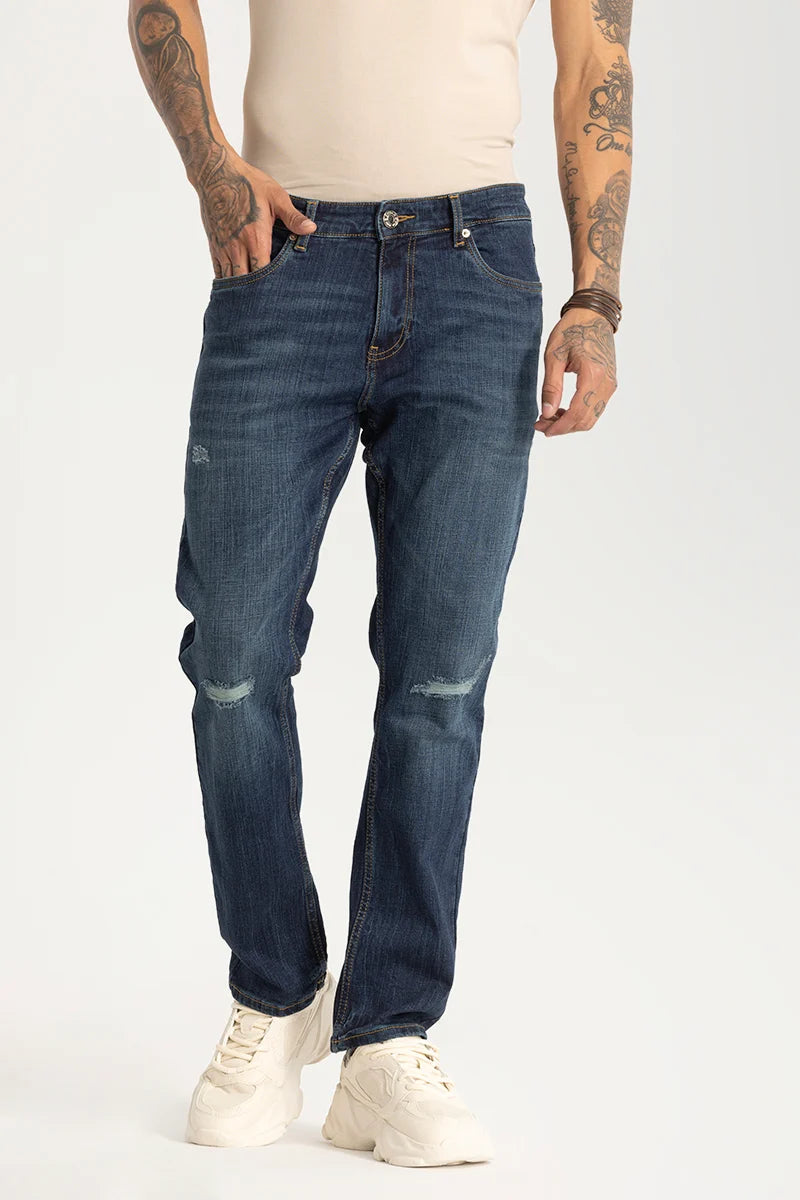 Navy Distressed Regular Fit Jeans