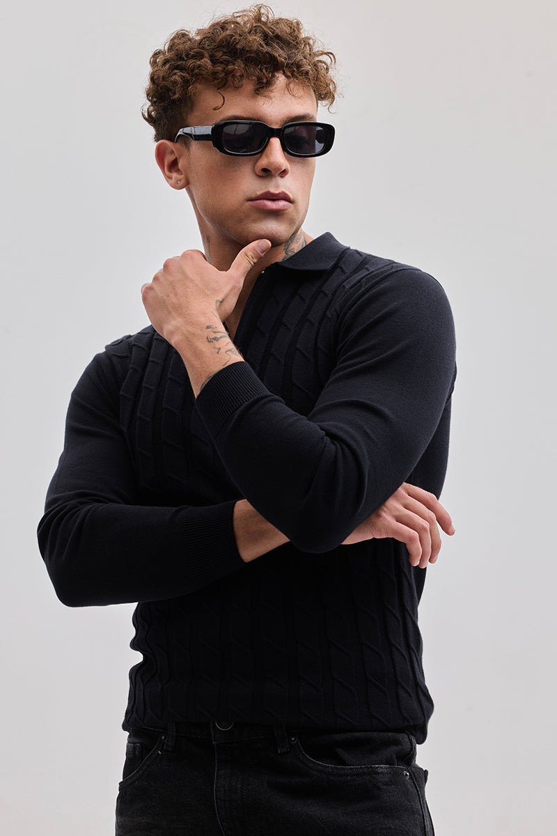 Black Zipper Knitted Polo T-Shirt