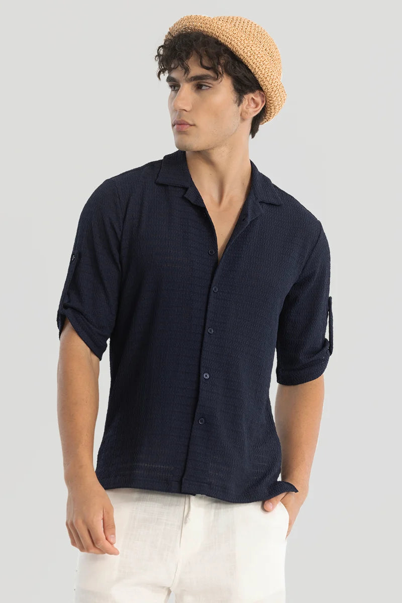 Navy Self-Design Cuban Shirt