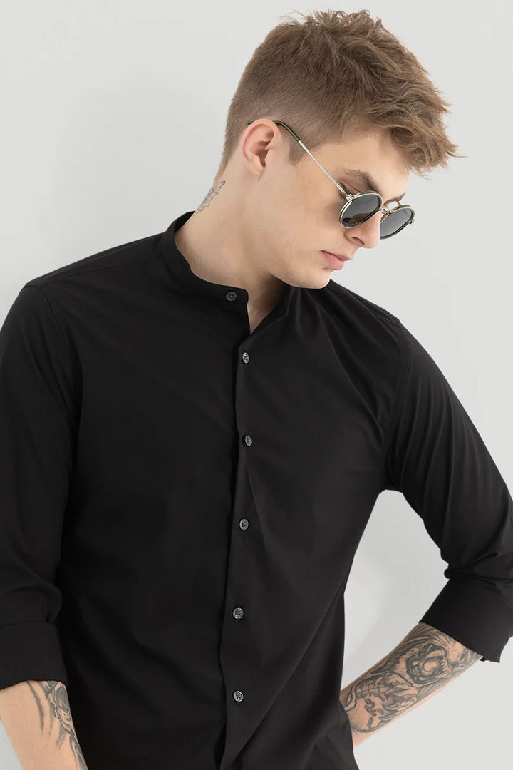 Black Plain Mandarin Shirt