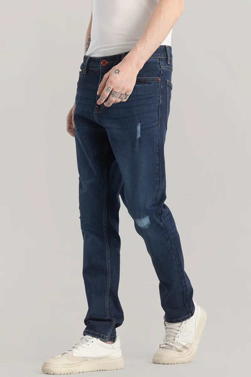 Denimique Navy Blue Distressed Slim Fit Jeans