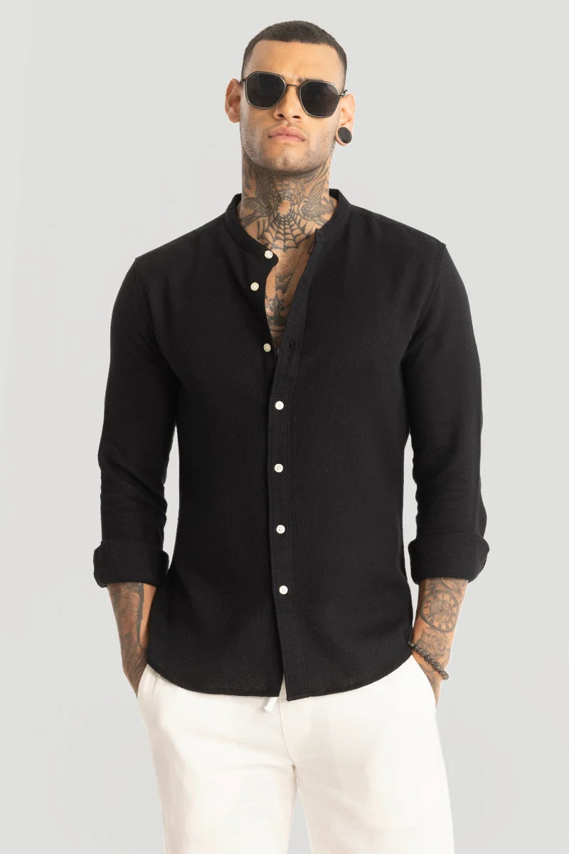 Black Woven Mandarin Shirt