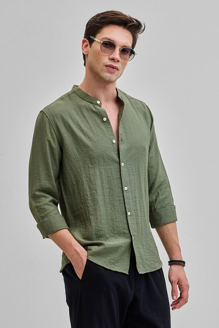 Olive Mandarin Linen Blend Shirt