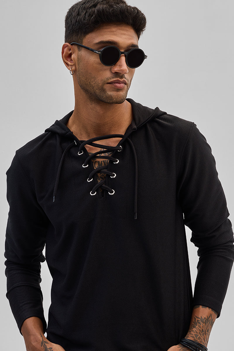 Black Lace-Up Textured Hoodie