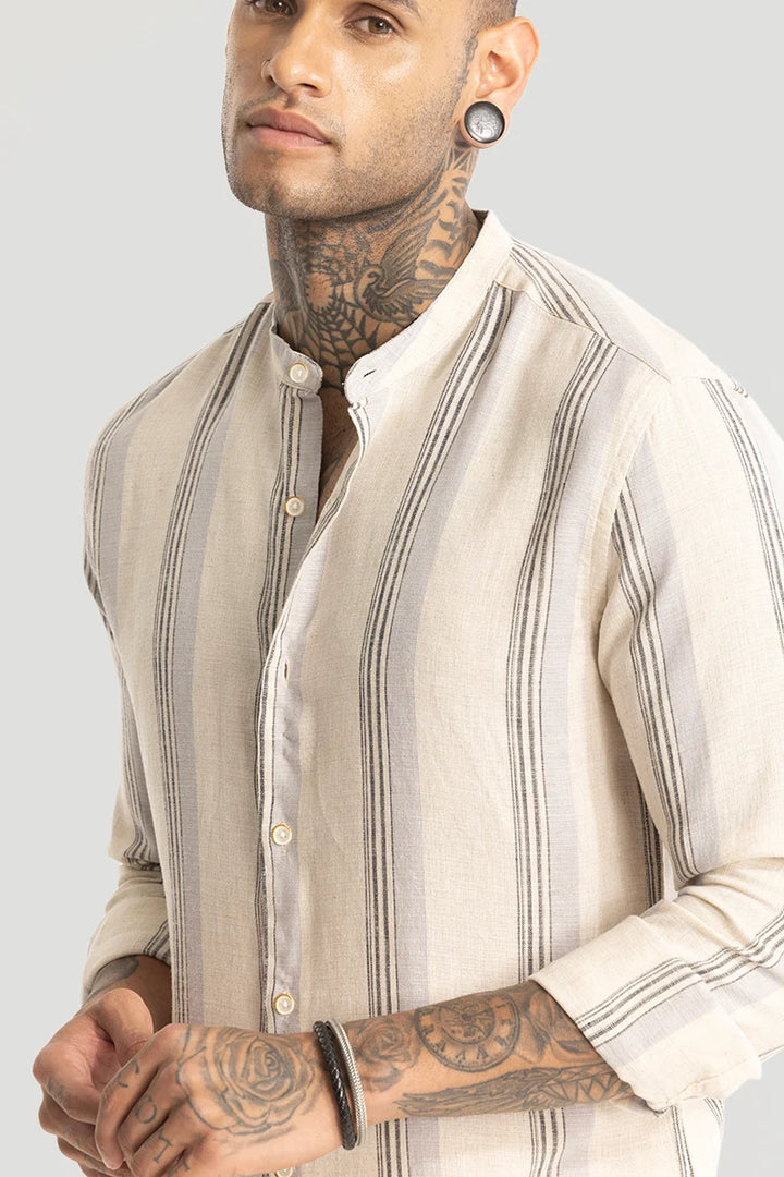 Cream Stripes Linen Blend Shirt