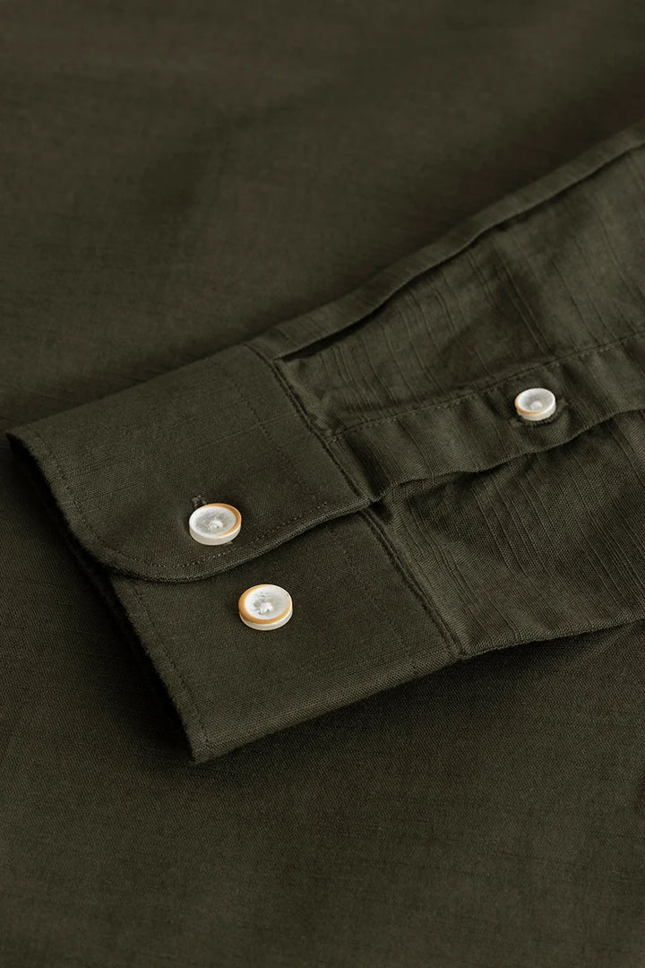 Mandarique Olive Linen Blend Shirt