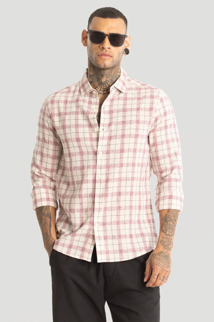 Light Pink Linen Blend Checks Shirt