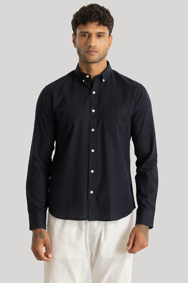 Henri Navy Plain Linen Blend Shirt