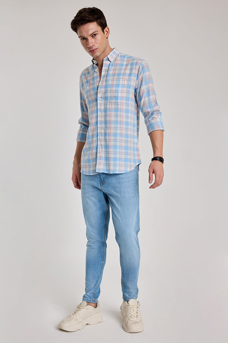 Light Blue Checks Linen Blend Shirt