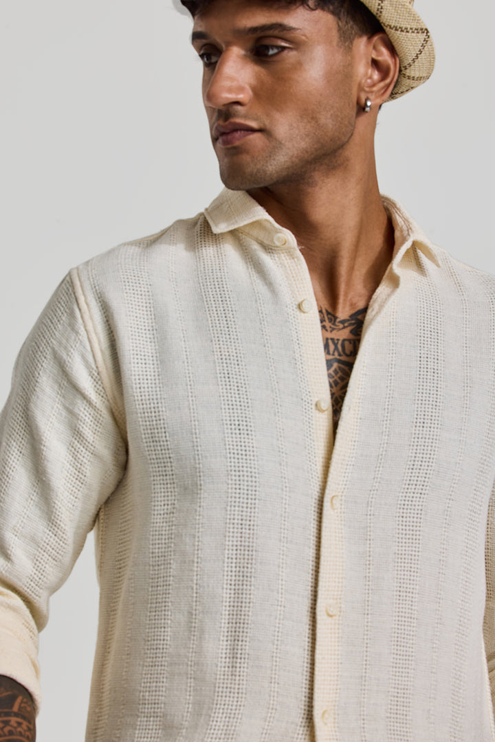 Cream Knitted Slim Fit Shirt