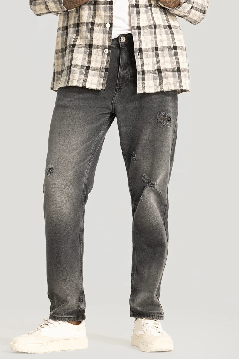 Grey Distressed Relaxed Fit Jeans