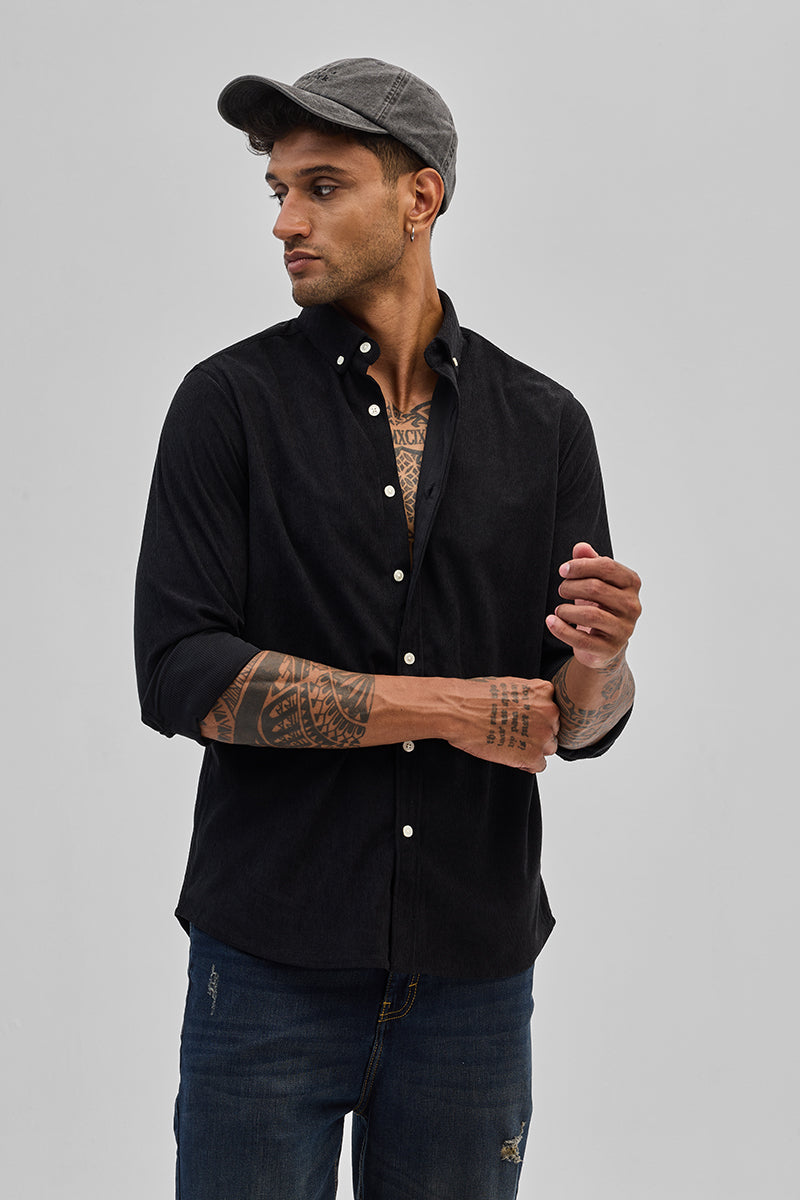 Black Slim Fit Corduroy Shirt