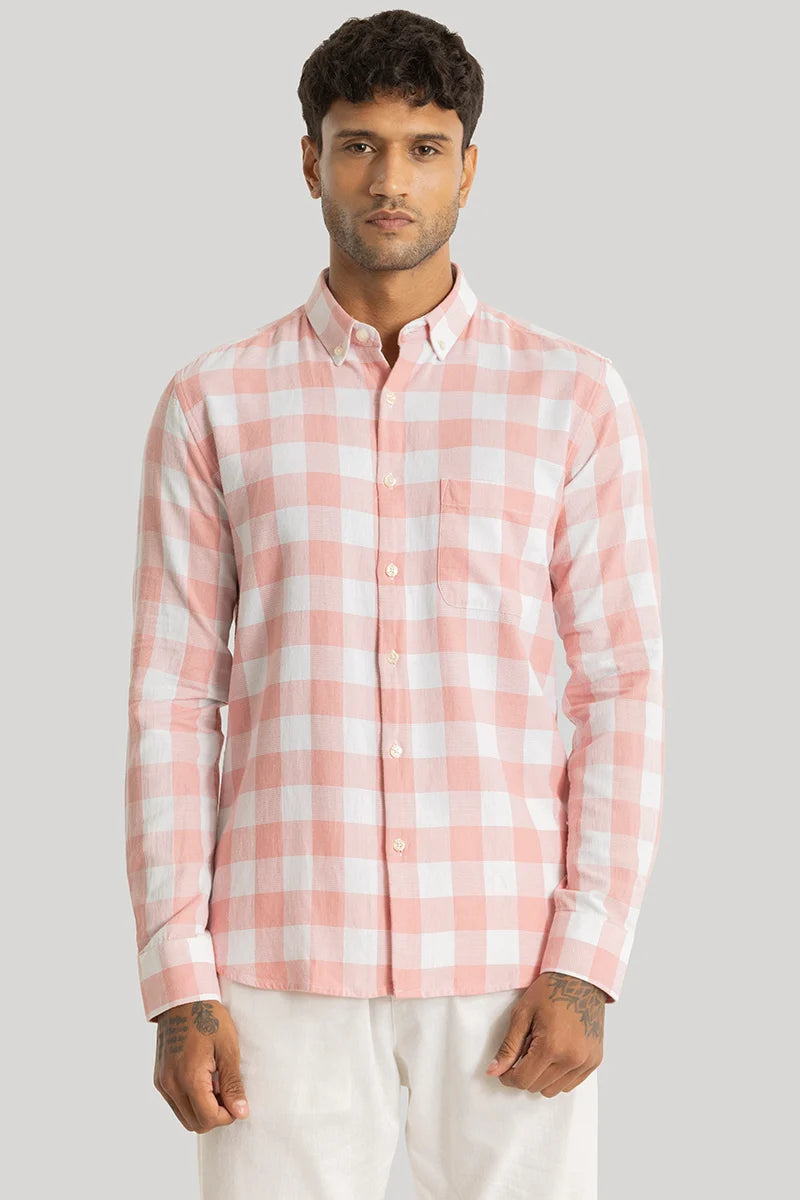 Prime Peach Checks Linen Shirt