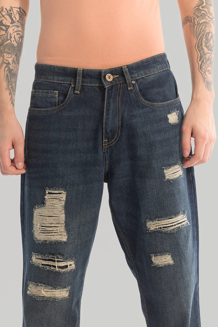 Dark Blue Distressed Baggy Fit Jeans