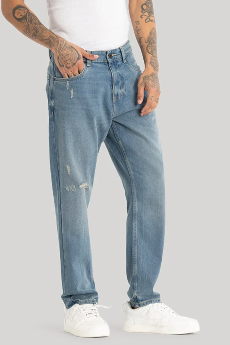 Blue Distressed Baggy Fit Jeans