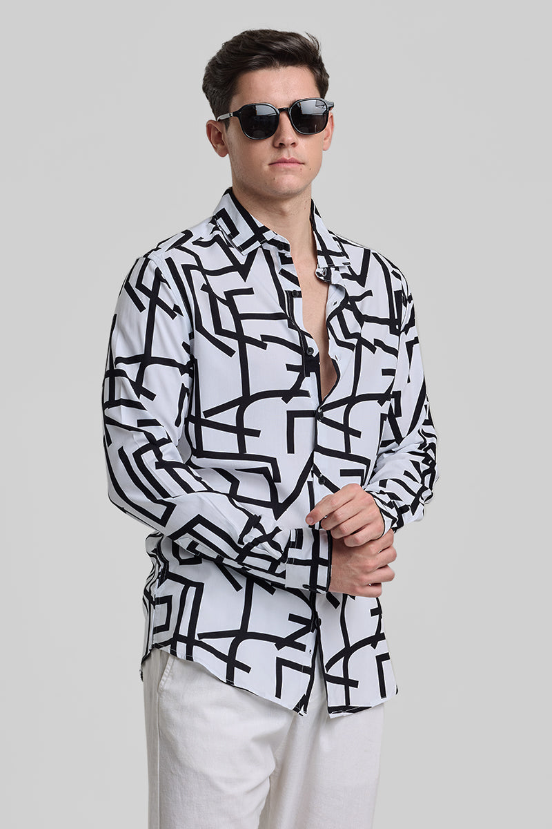 White Abstract Slim Fit Shirt