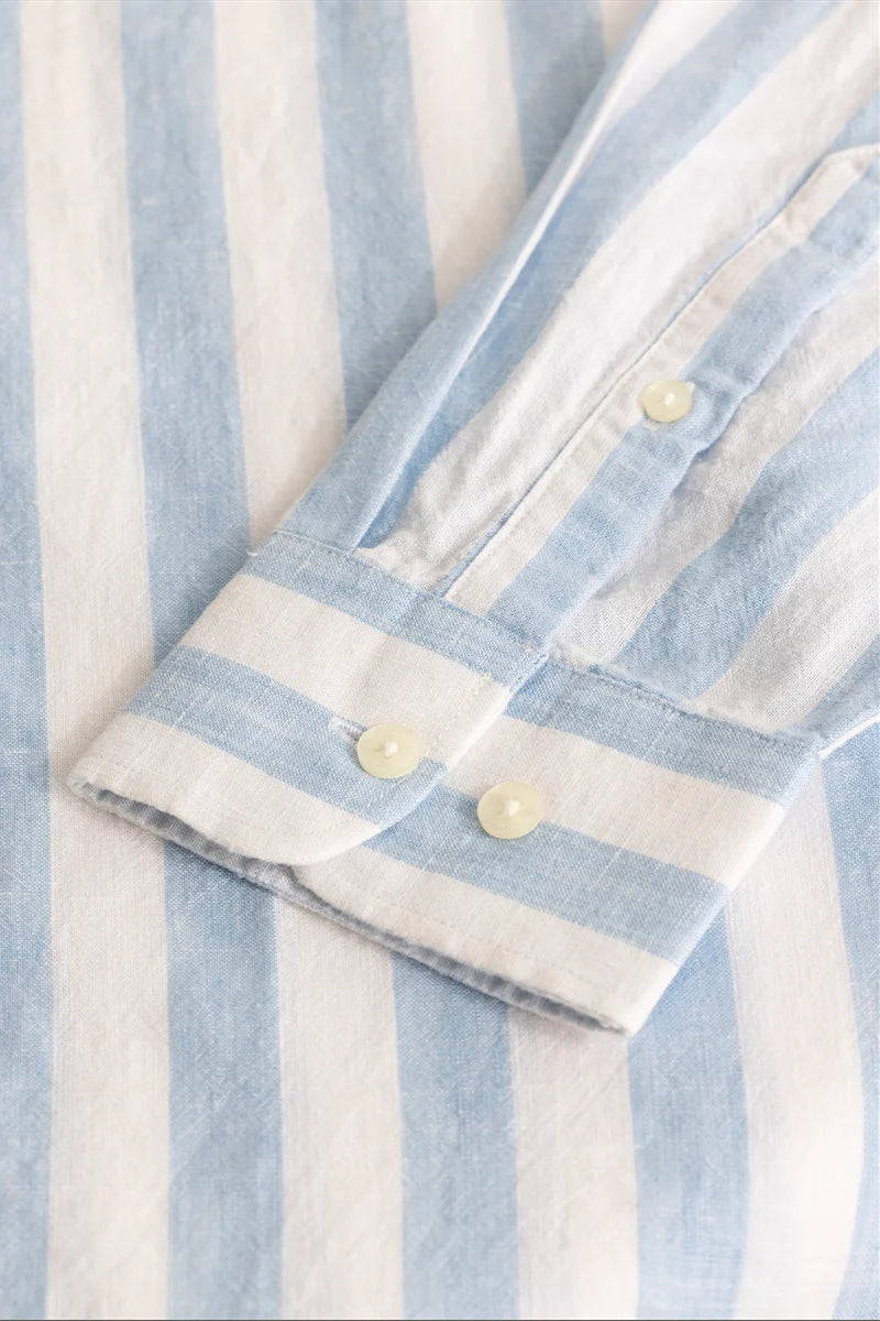 Light Blue Stripes Linen Blend Plus Size Shirt