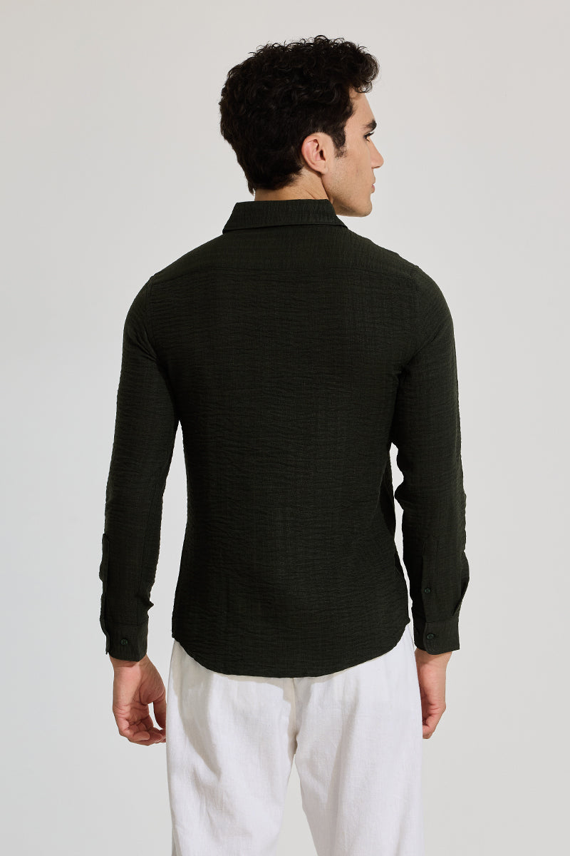 Dark Green Self-Striped Shirt