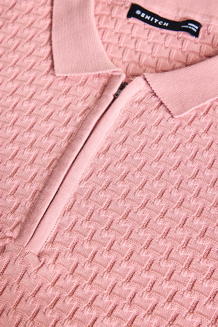 Light Pink Zipper Knitted Polo T-Shirt