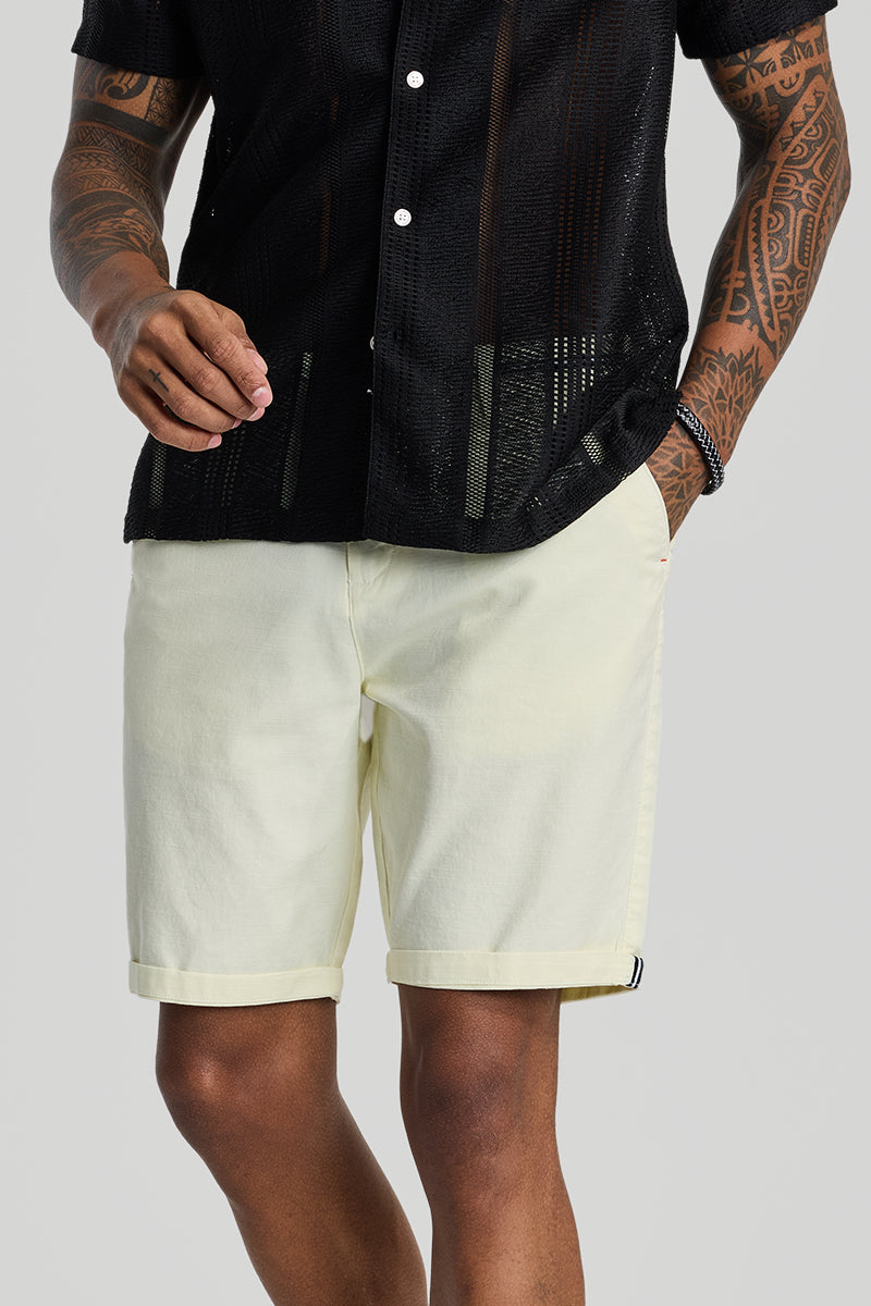 Cream Plain Linen Regular Fit Shorts