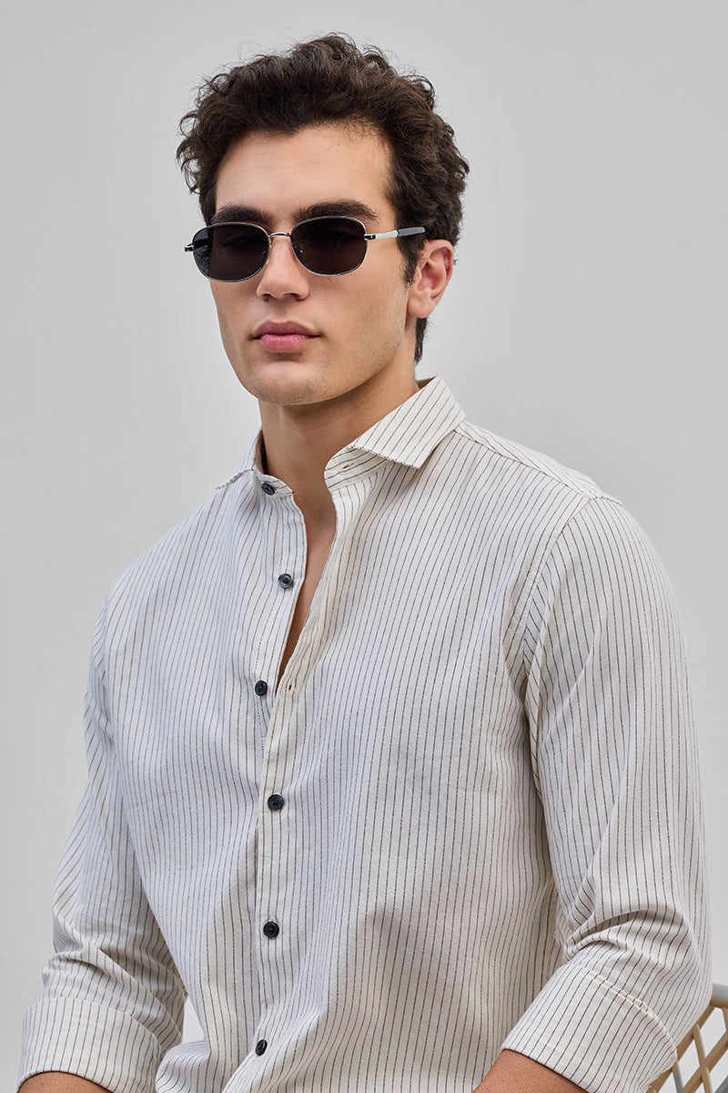 Cream Slim Fit Stripes Shirt