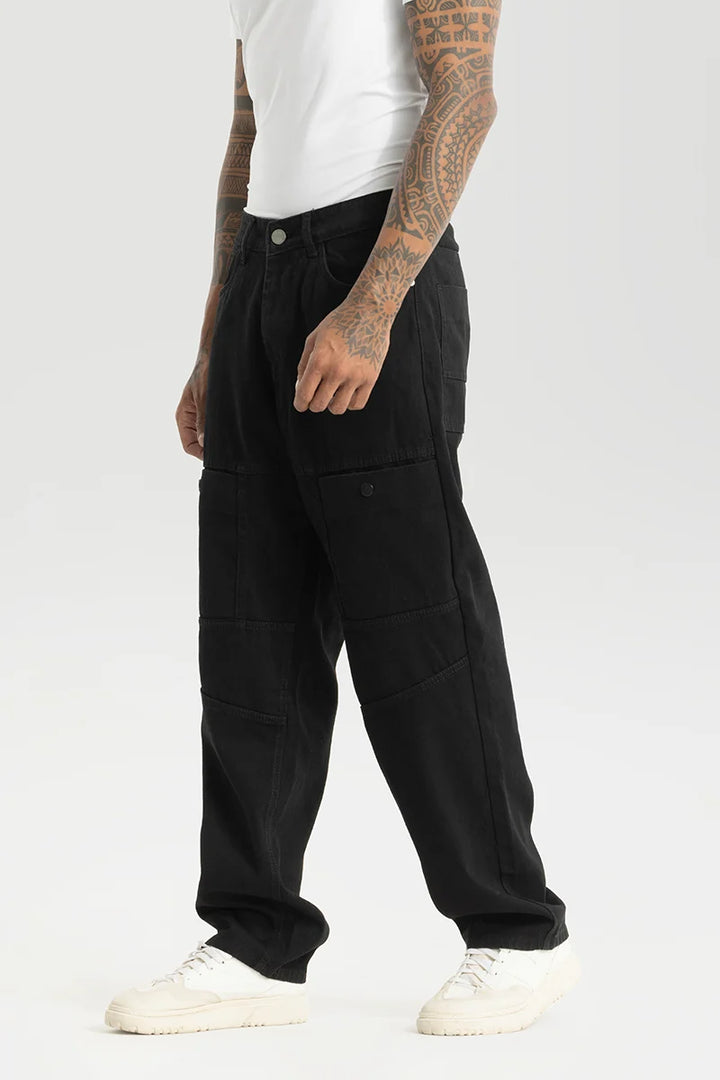 Chromatic Black Plain Baggy Fit Cargo Jeans