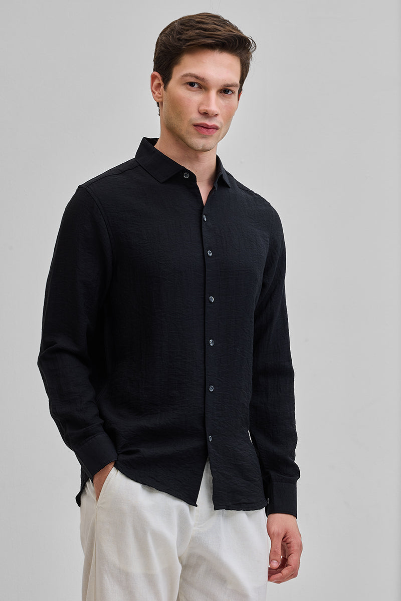 Black Textured Linen Blend Shirt