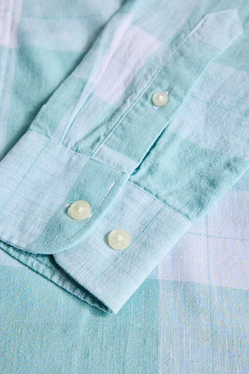 Turquoise Checks Linen Blend Shirt