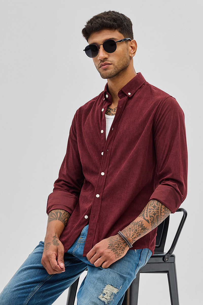 Maroon Slim Fit Corduroy Shirt