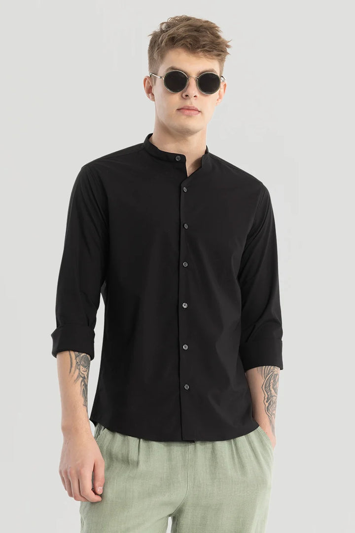 Black Plain Mandarin Shirt