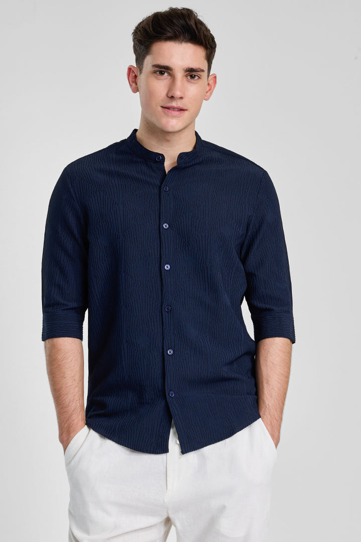 Navy Textured Mandarin Shirt