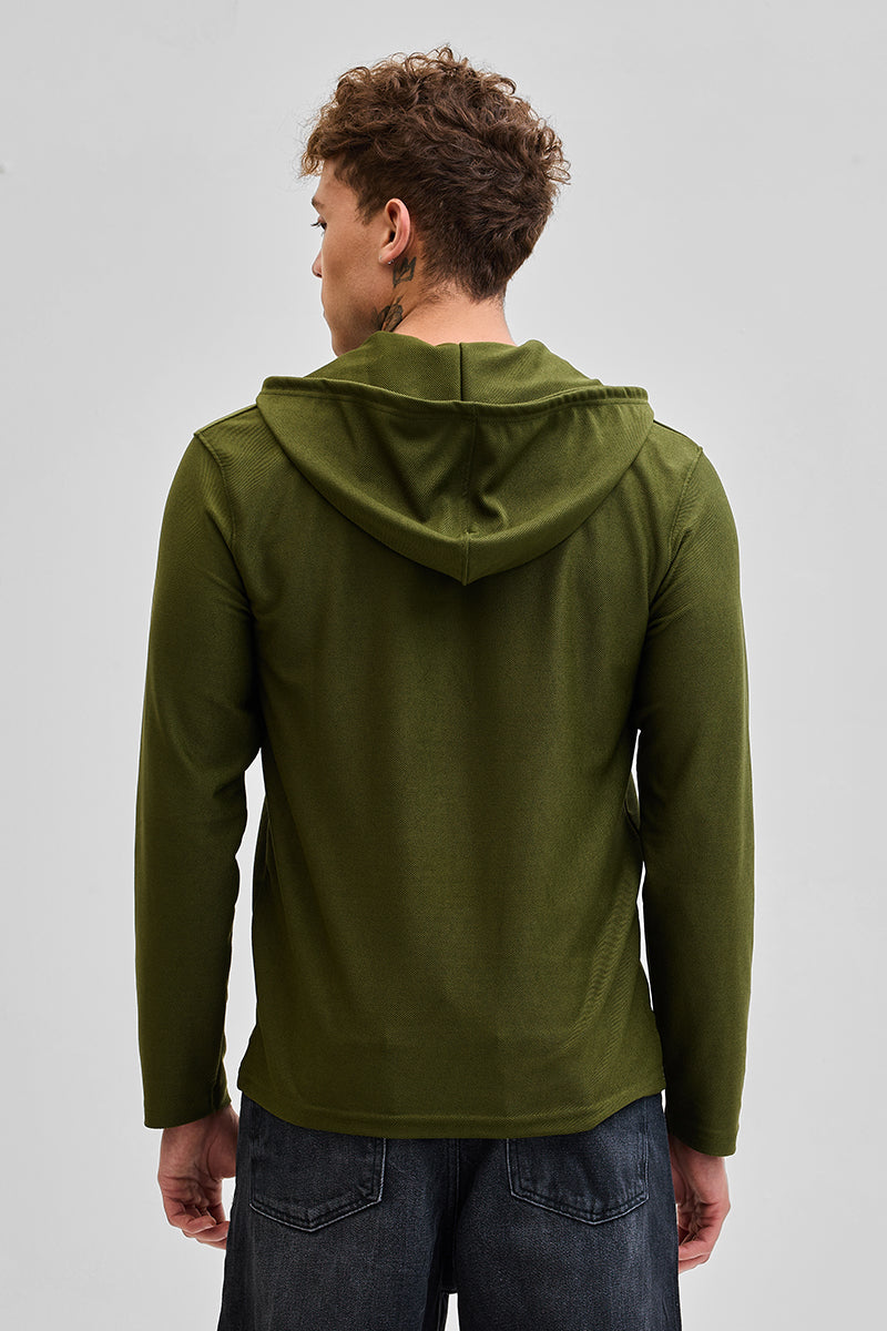 Olive Lace-Up Textured Hoodie