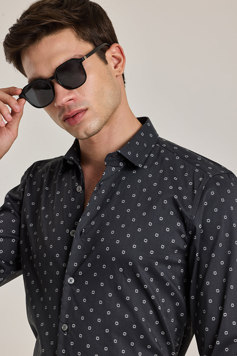 Charcoal Grey Slim Fit Geometric Shirt