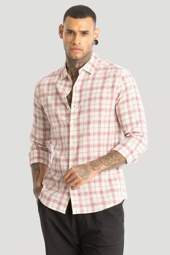 Light Pink Linen Blend Checks Shirt