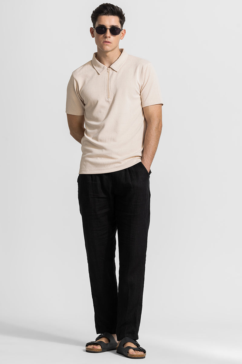 Cream Zipper Textured Polo T-Shirt