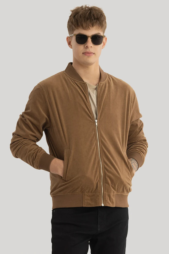 SleekSuede Brown Plain Bomber Jacket